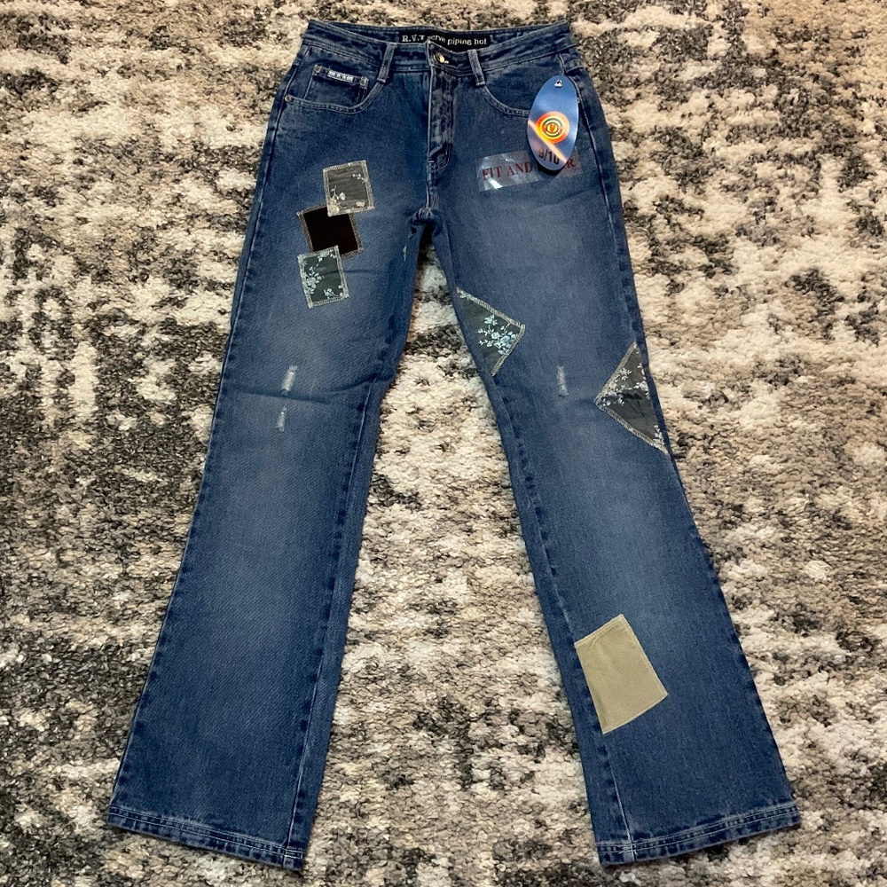 Fit and Flare ladies retro patched distressed jeans, so cute! NWT